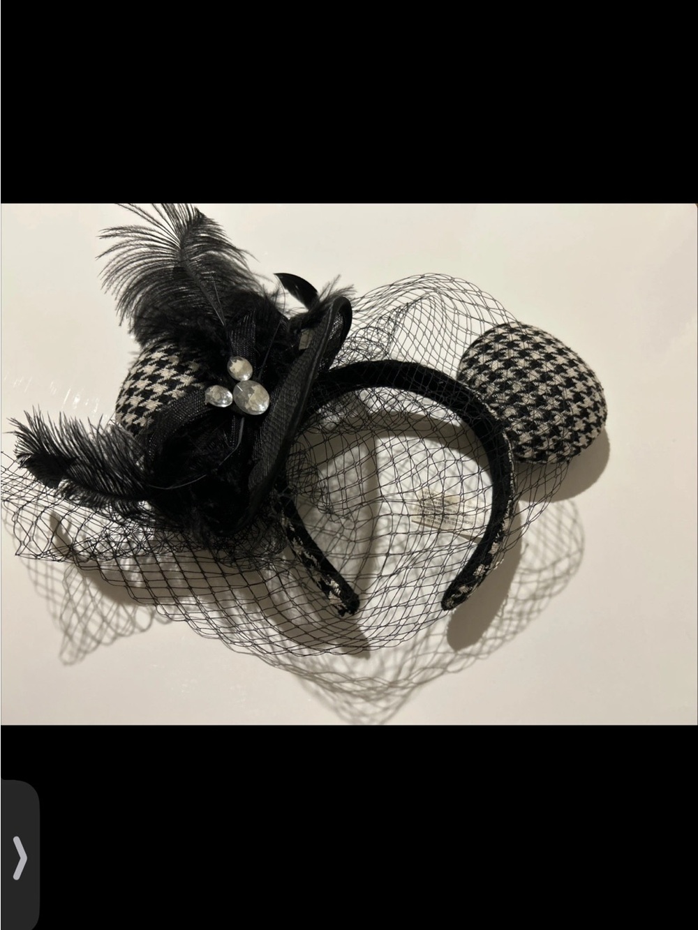 Disney Parks Retired Black Feathered Veil Ears with Houndstooth Accents